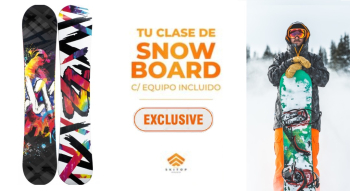 With LATITUR on Cerro Catedral you can make Clase Exclusiva Snowboard 2 hs 2 alumnos + Equipo
